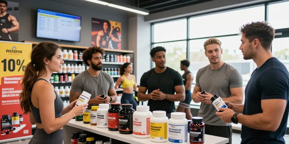 Astera Shop lively e-commerce scene with customers engaging with Astera Labs fitness products in a modern retail setting.