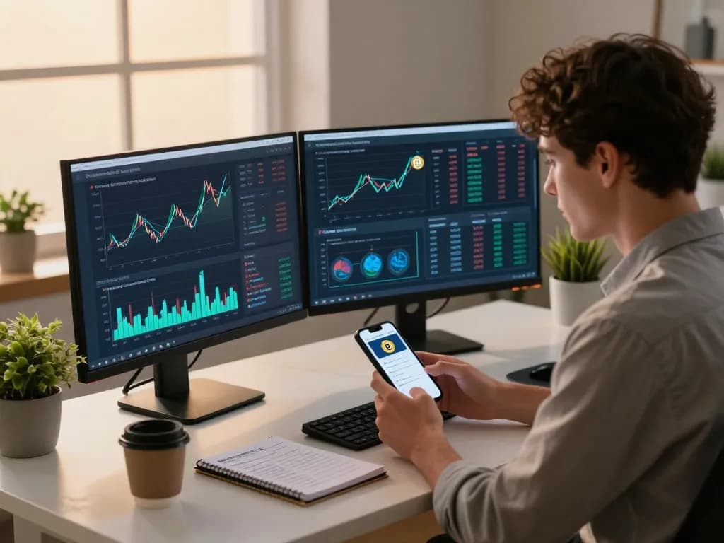 Maximizing passive income crypto strategies in a modern workspace with graphs.