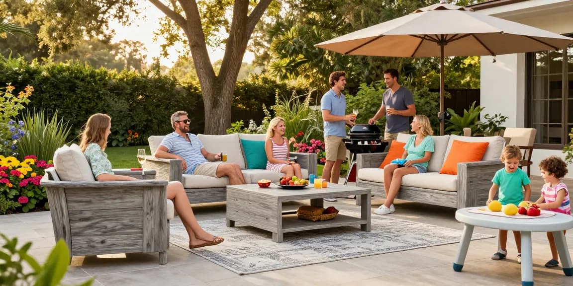 Luxury patio furniture showcased in a vibrant outdoor setting with family and friends enjoying a sunny barbecue gathering.