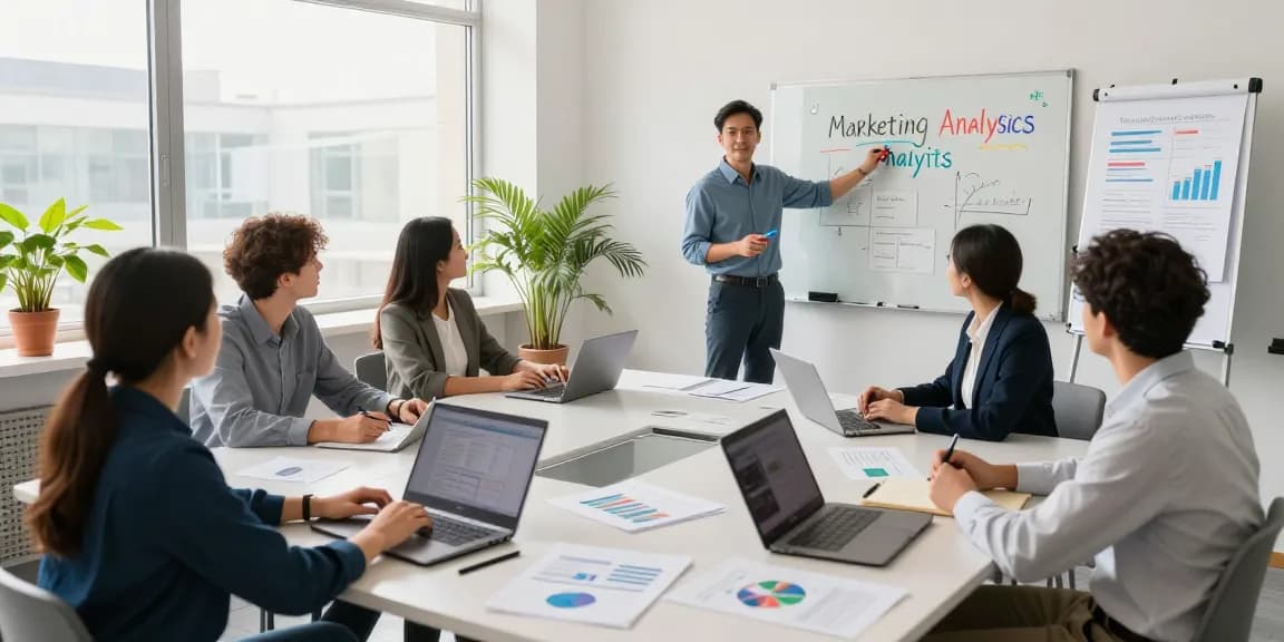 Engaged learners exploring Marketing analytics and targeting course concepts in a modern classroom setting.