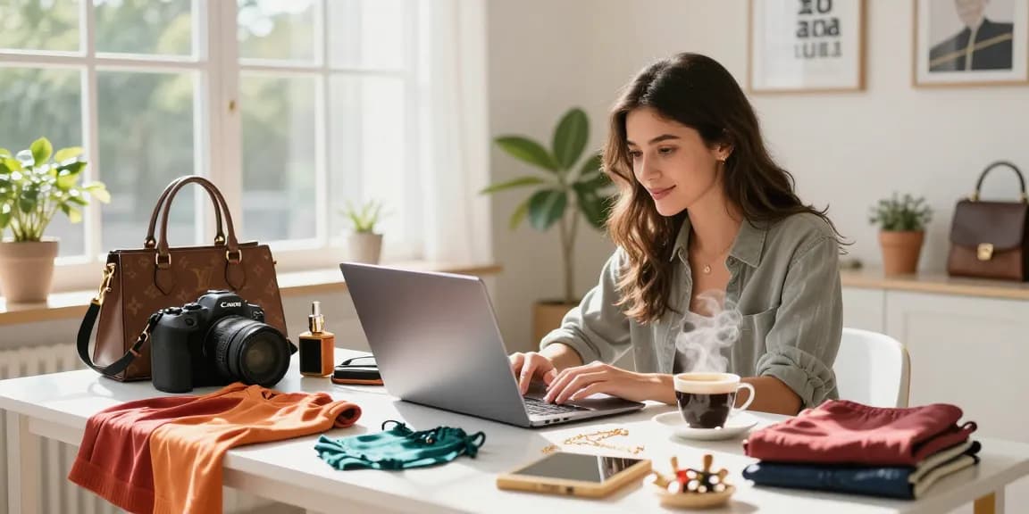 Stylish woman browsing luxury 레플리카 products online in a bright setting.