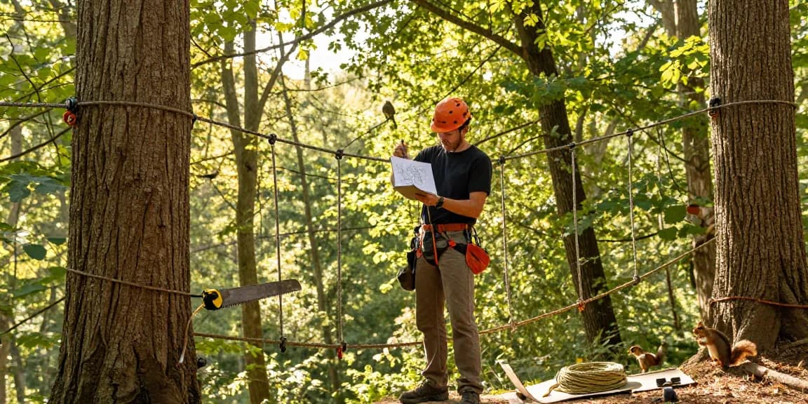 Rope Bridge design process by a craftsman in a forest setting with tools and sketches
