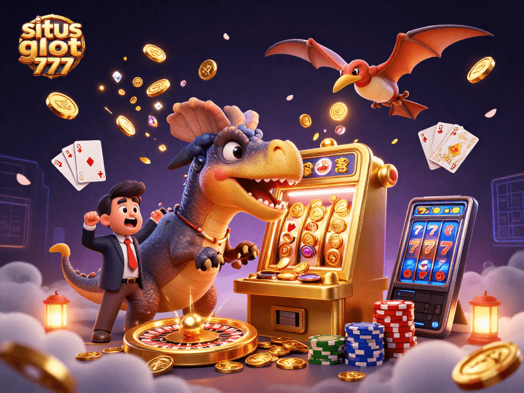 Situs slot gacor 777 features a dinosaur winning jackpots at a slot machine surrounded by coins in a lively casino.