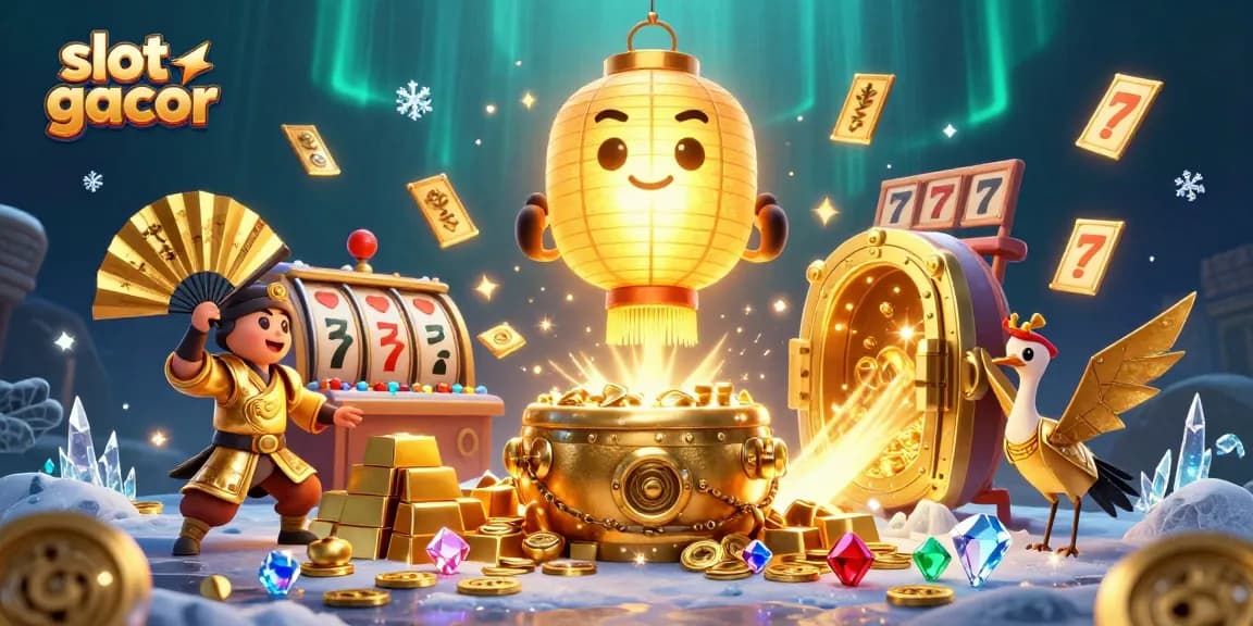 Engage with stunning slot gacor action featuring a magical lantern spirit amidst piles of jewels and slot reel excitement.