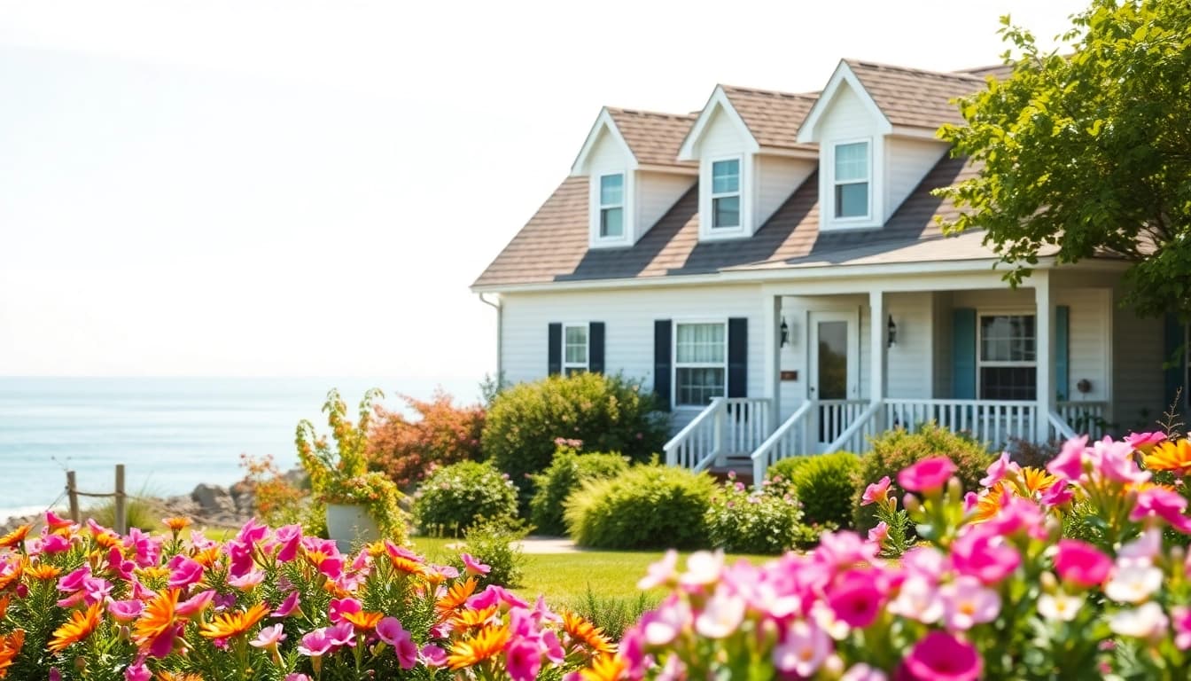 Cape Cod homes featuring classic architecture in a beautiful coastal setting with lush gardens.