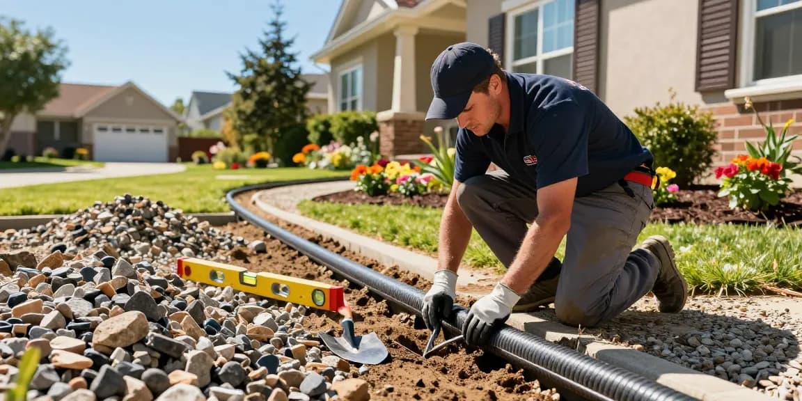 Expert Drainage Services in Fort Worth, TX: technician installing French drain in landscaped garden
