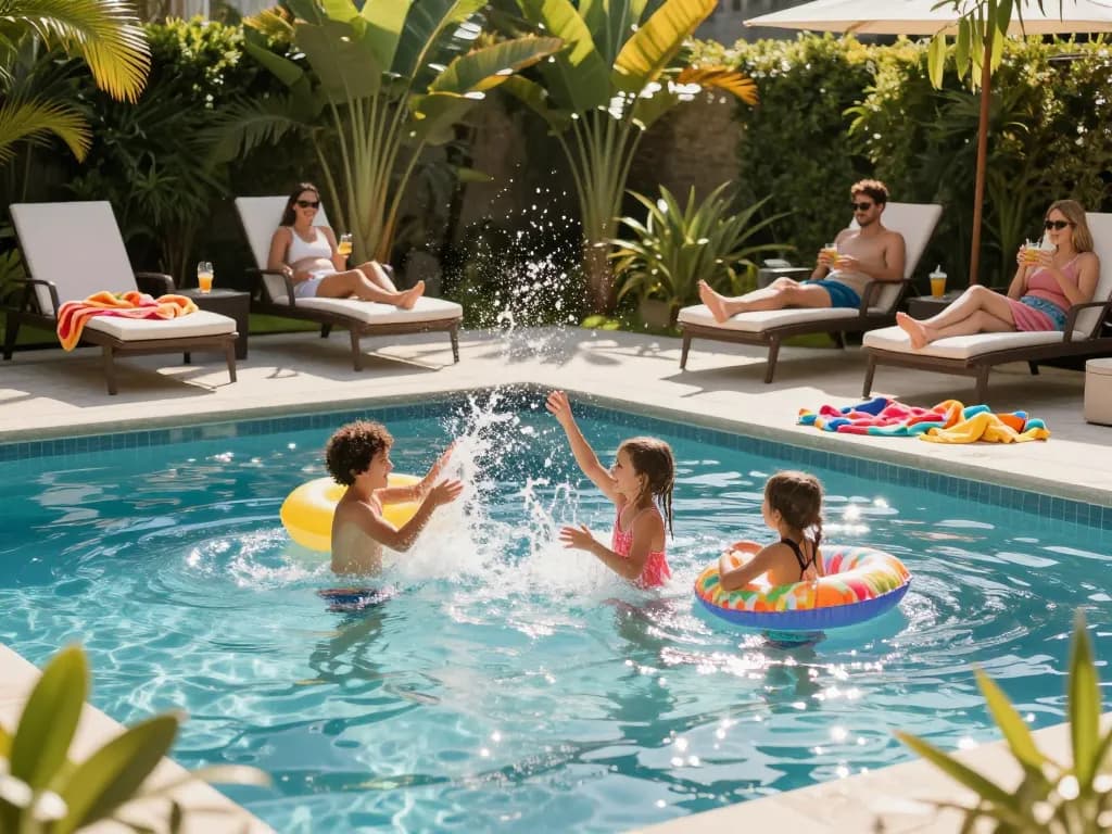 Dolphin Pool Services family enjoying a sparkling pool, highlighting backyard fun and relaxation.