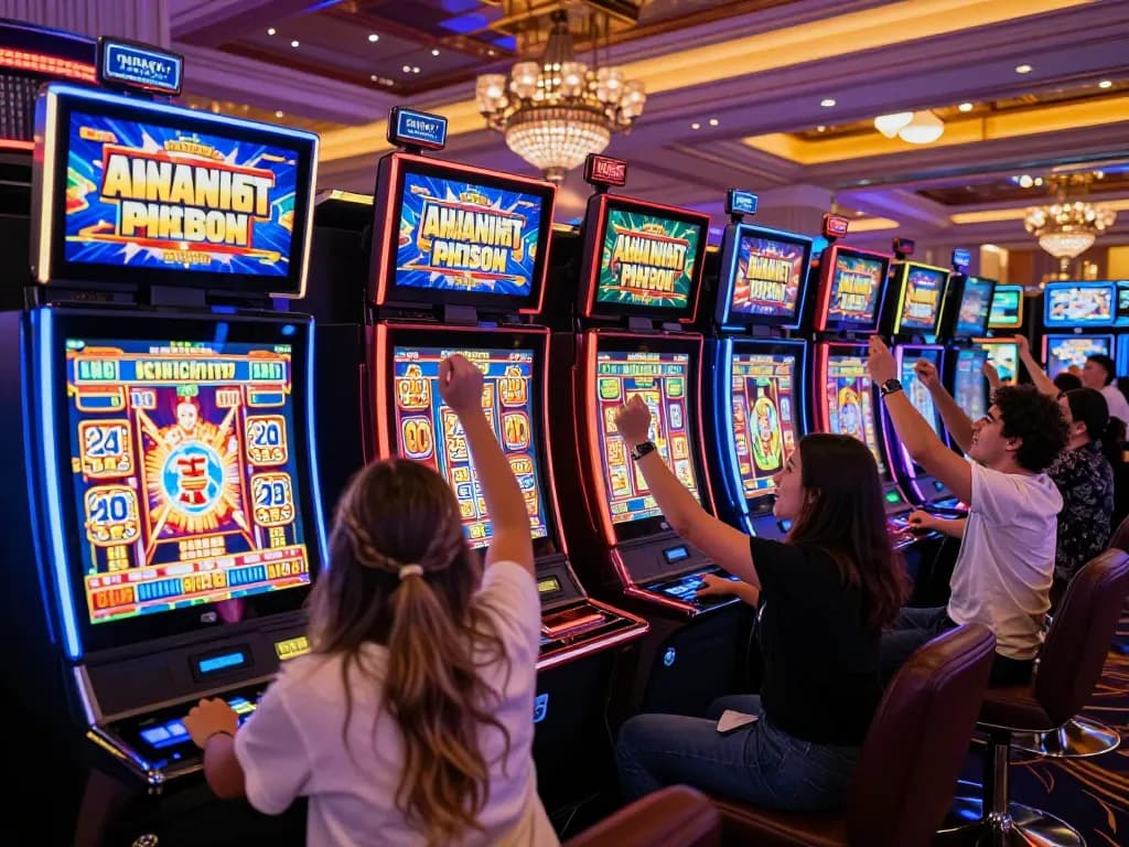 Players enjoying a vibrant slot experience at jus77 in a lively casino atmosphere