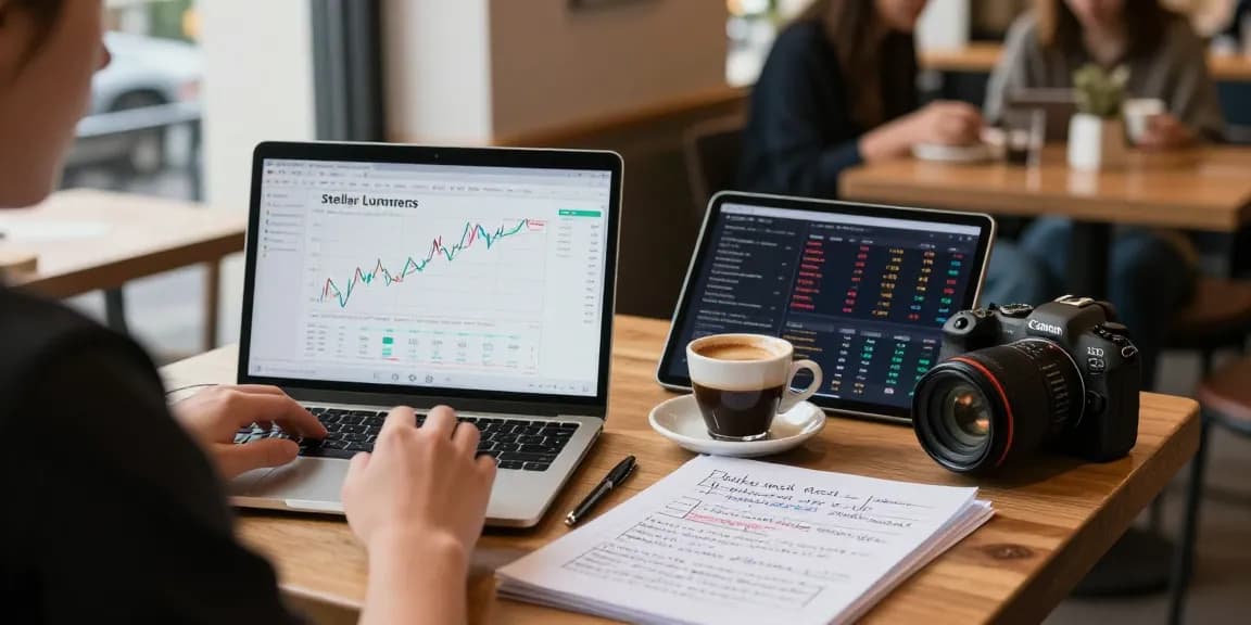 Stellar lumens price prediction and crypto market analysis in a cafe setting showcasing advanced trading tools and visual data.