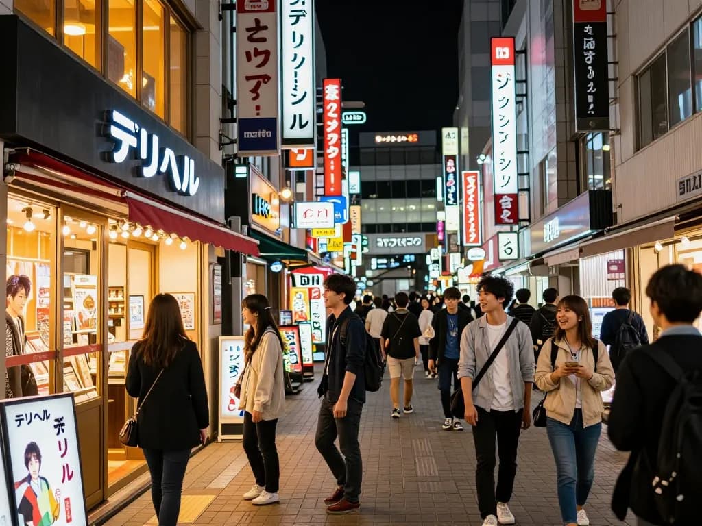 帯広の活気あるナイトライフシーン、デリヘル店舗、ネオンライト、興奮した歩行者