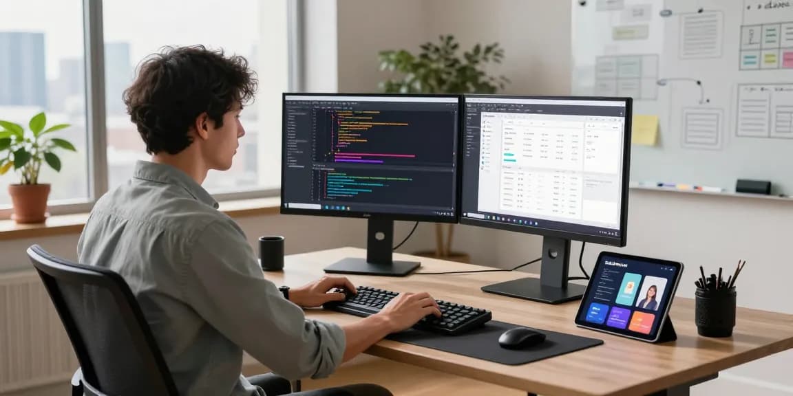 Developer coding on telegraimin.com in a modern workspace, with dual monitors and city view.