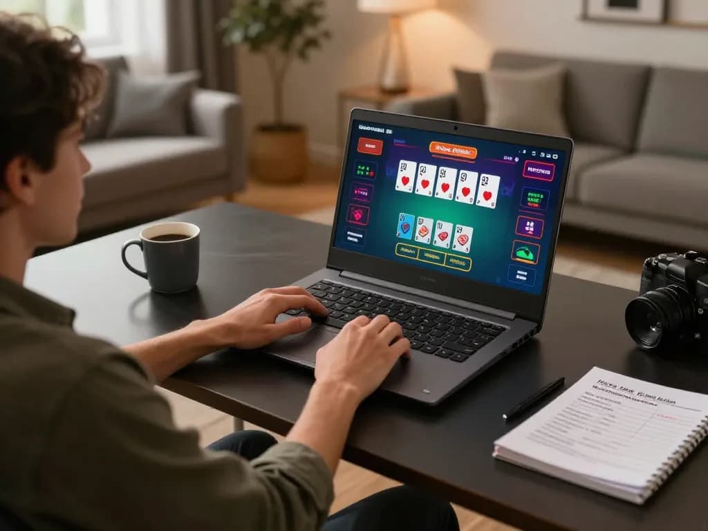 Player using a laptop to strategize for tv 88 online blackjack game, focused on winning