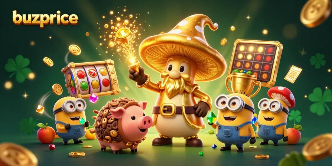 Engage in exciting gaming adventures at buzprice with a whimsical scene featuring golden mushroom wizard and treasure hunting pig.