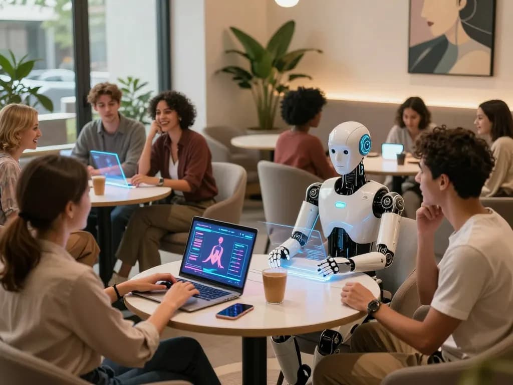 Engaging group discussing ai sex with humanoid robots in a futuristic lounge.