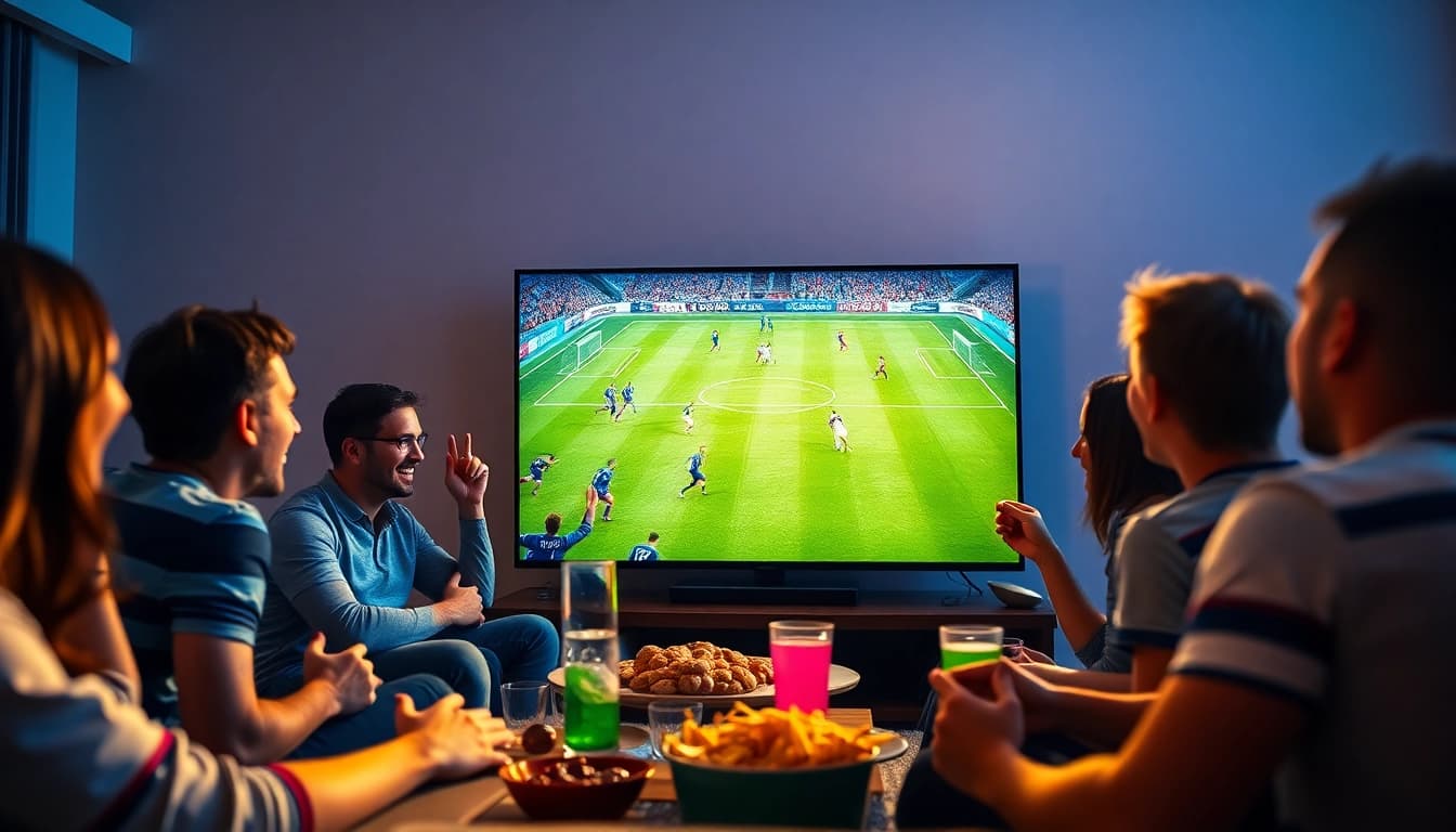 Streaming bolakami saat pertandingan sepak bola dengan penonton antusias di ruang tamu.
