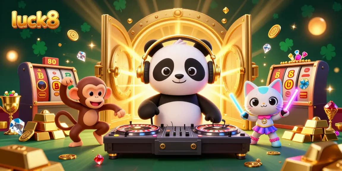 Spinning on slot reels, luck8 showcases DJ panda, dancing monkey, and rave kitten in a bustling casino.