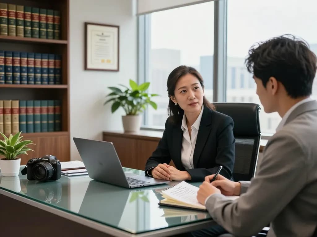 Attorney consulting with a client about American legal services in a modern office.