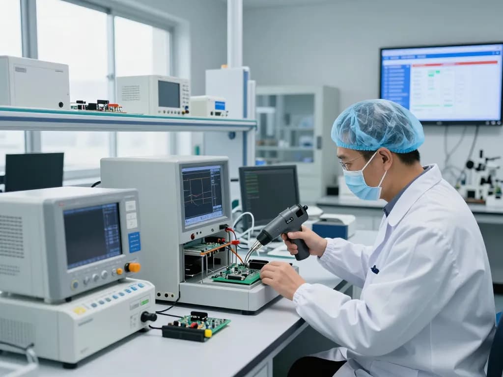 Technician conducting ESD Testing in advanced laboratory with high-tech equipment.