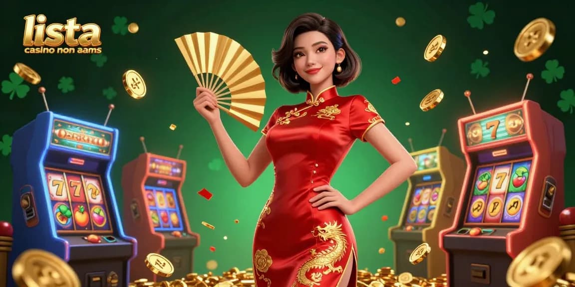 Scopri l'atmosfera vibrante dei casino non AAMS con una donna asiatica fotorealistica tra monete d'oro e rulli di slot colorati.