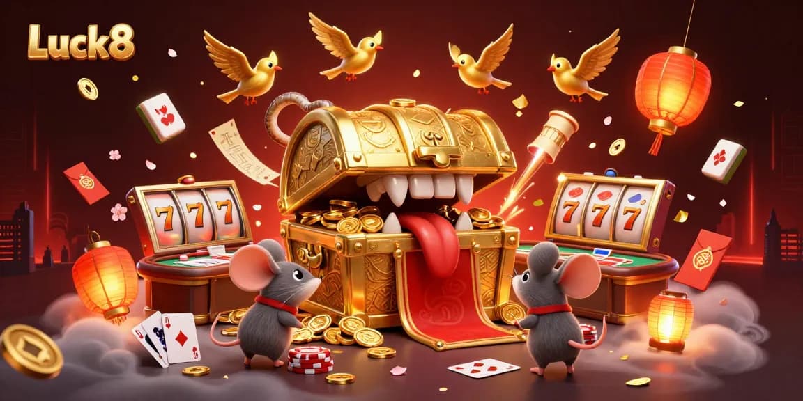 Luck8 players engaging in vibrant casino games surrounded by festive elements, showcasing the thrill of winning.