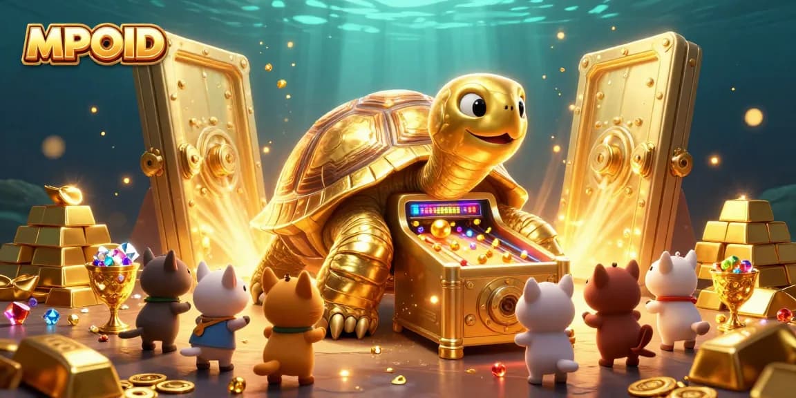 Engage with MPOID's vibrant casino experience featuring a joyous 3D illustration of a golden tortoise pinball machine.