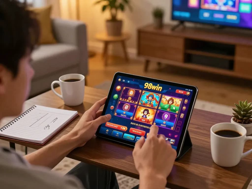 Engaged gamer using the 98win app for online betting while enjoying a cozy home environment.