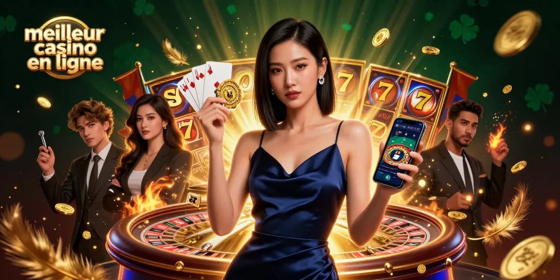Engage in thrilling experiences at meilleur casino en ligne, illustrated with Asian woman showcasing a casino app.