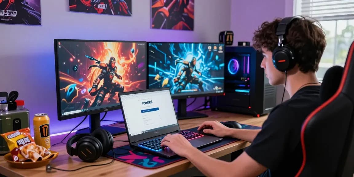 Player using the rokok88 login on laptop amidst gaming gear and vibrant room lights.
