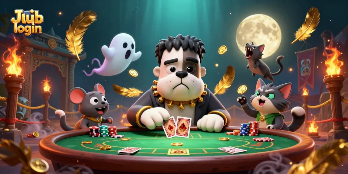 Engaging scene showcasing Jai club login with a Frankenstein bulldog and werewolf kitten at a poker table filled with chips.