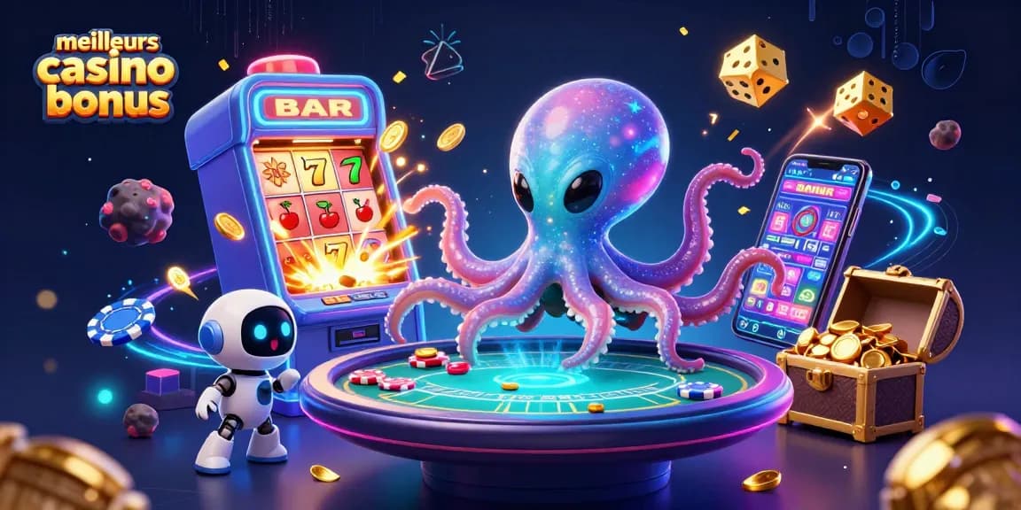 Les meilleurs casino bonus en 2026 : un octopus extraterrestre jouant aux cartes avec des jetons interactifs et une ambiance festive.