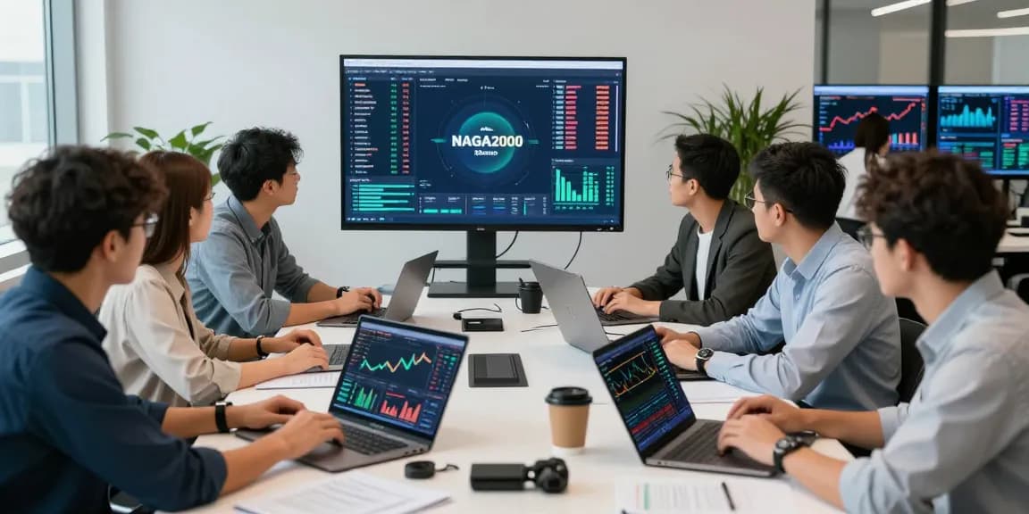Collaborative team analyzing NAGA2000 market data in a modern financial workspace.