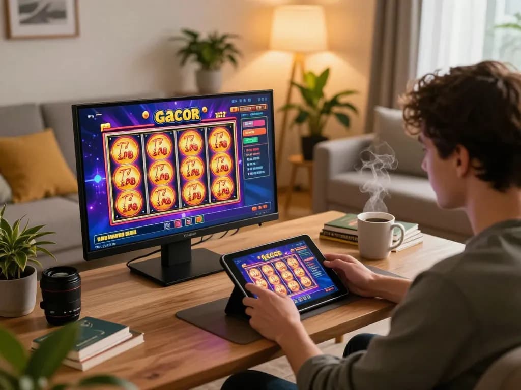 Engaging player enjoying slot gacor game on tablet in cozy home environment