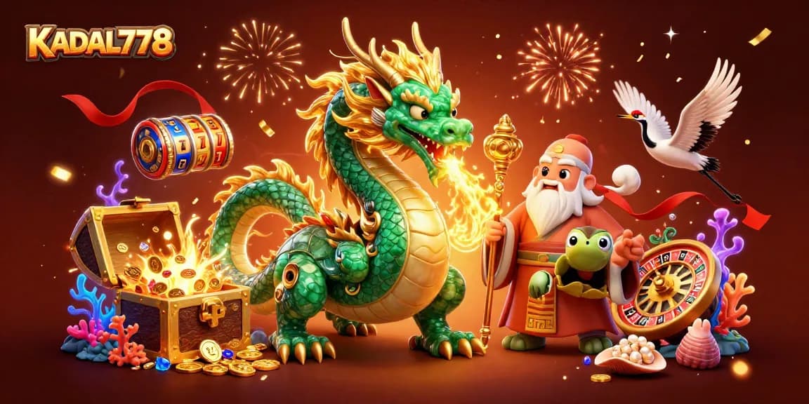 KADAL778 offers a vibrant casino atmosphere with a jade dragon and lucky symbols, celebrating big wins.