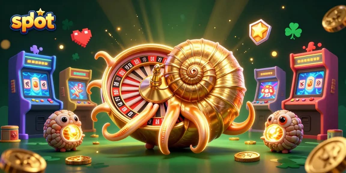Spin slot reels with our nautilus character and glowing ammonites in this vibrant casino scene.