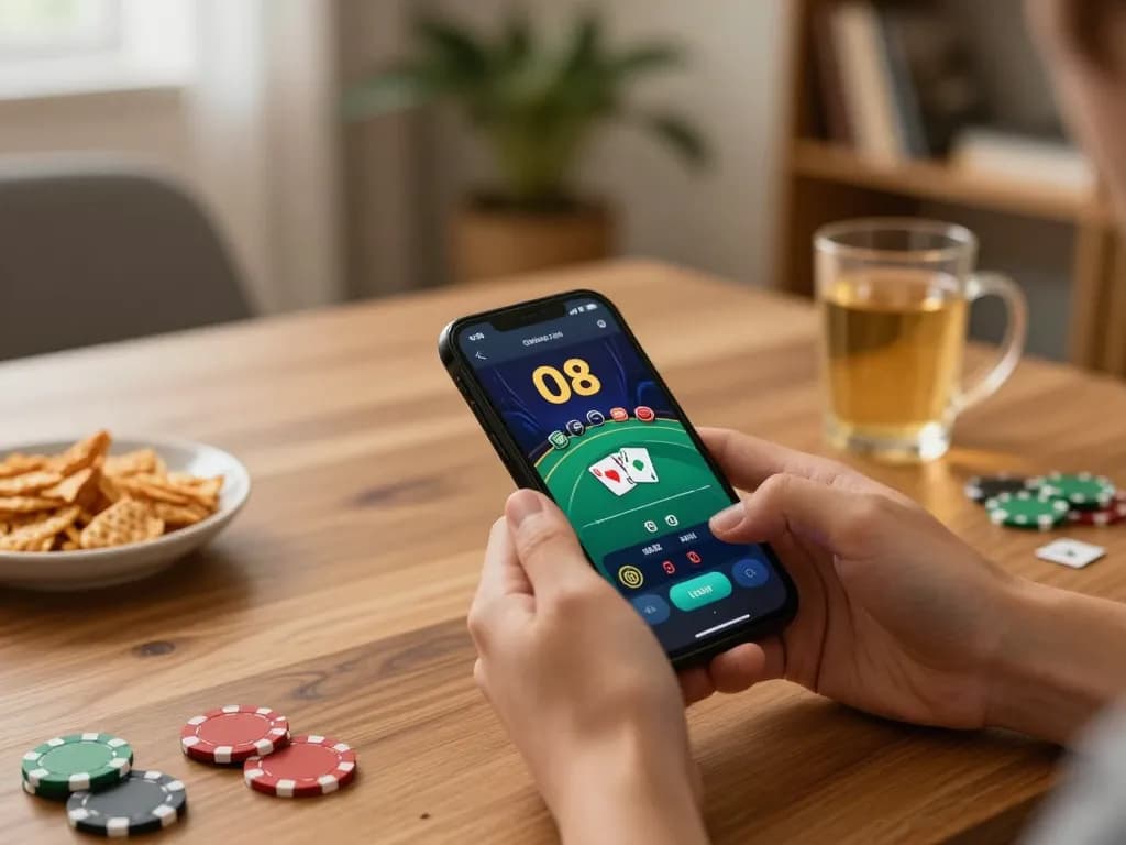Engage with O8's online poker app in a cozy home setting, highlighting strategy and excitement.