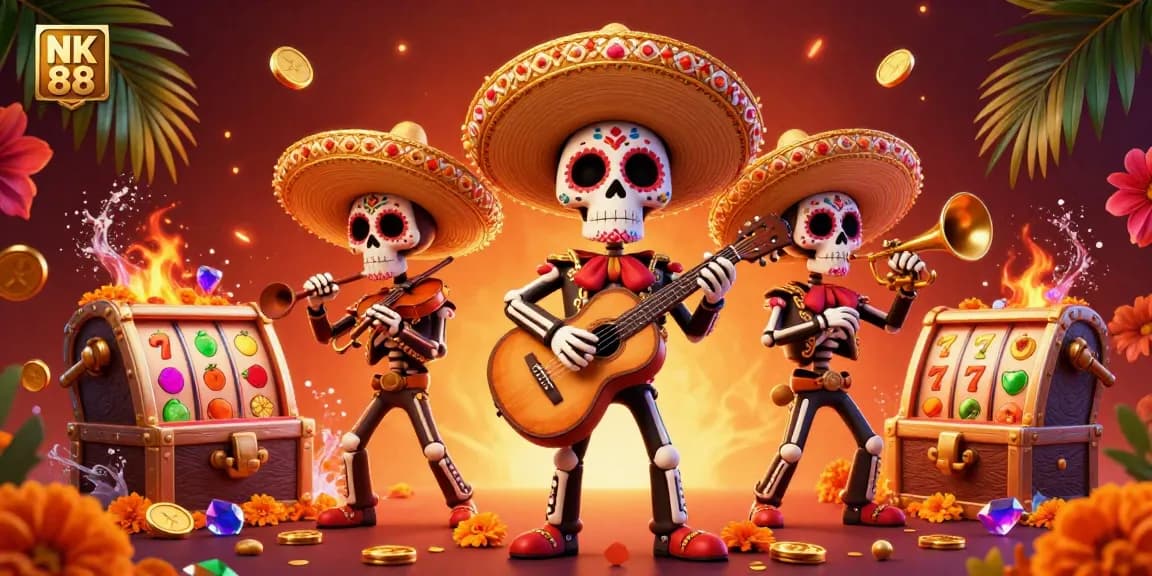 Engage in thrilling gameplay at NK 88 with vibrant slot machines and a lively mariachi band illustration.
