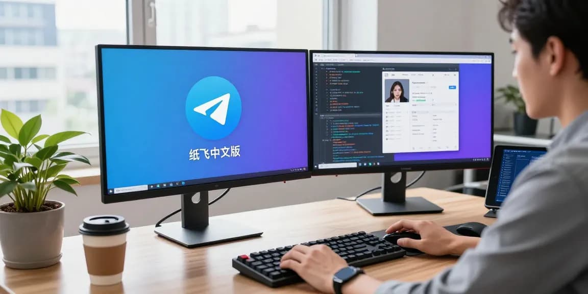 User coding on dual monitors in modern workspace, featuring 纸飞机中文版 app interface, dynamic tech environment with natural light.