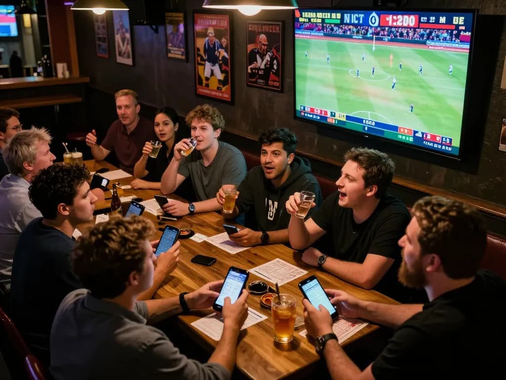 Excited attendees at a sports bar using superjp app for live betting while enjoying the game.