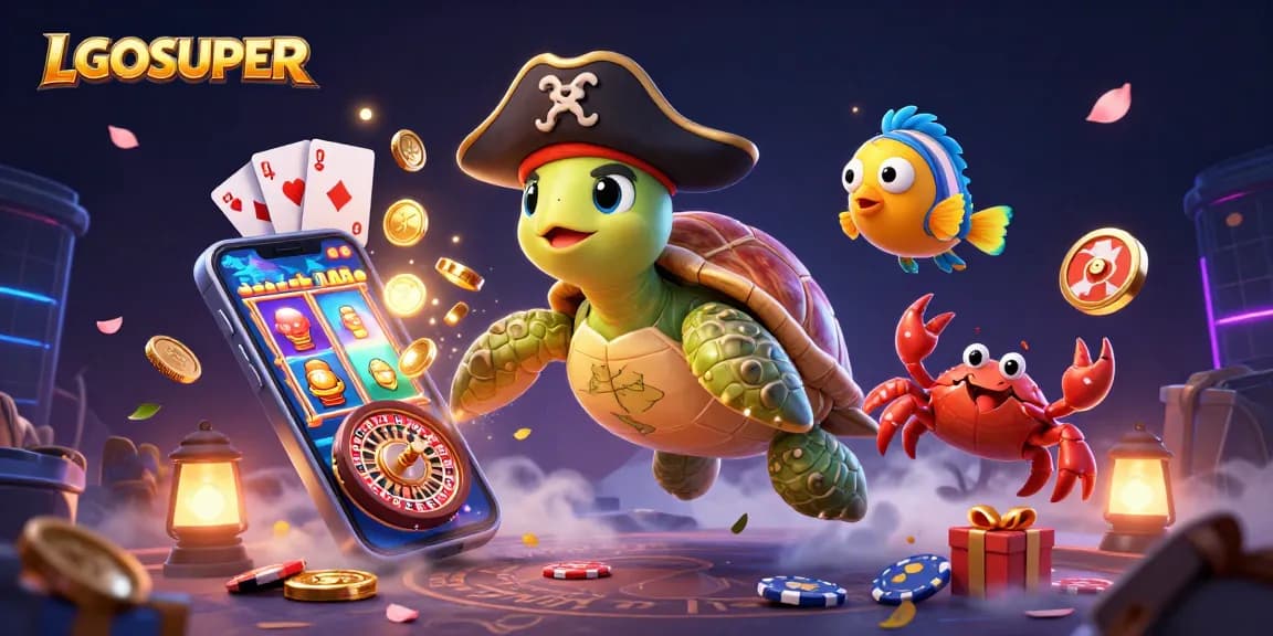 Experience LGOSUPER action with a vibrant 3D pirate-themed casino illustration featuring colorful slot games.
