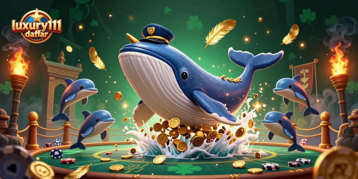 Experience the excitement of luxury111 daftar with a vivid 3D scene of a whale and friends in a casino setting.