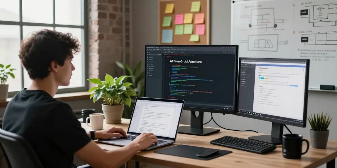 Developer coding Advanced Android animations and MotionLayout in a bright workspace.
