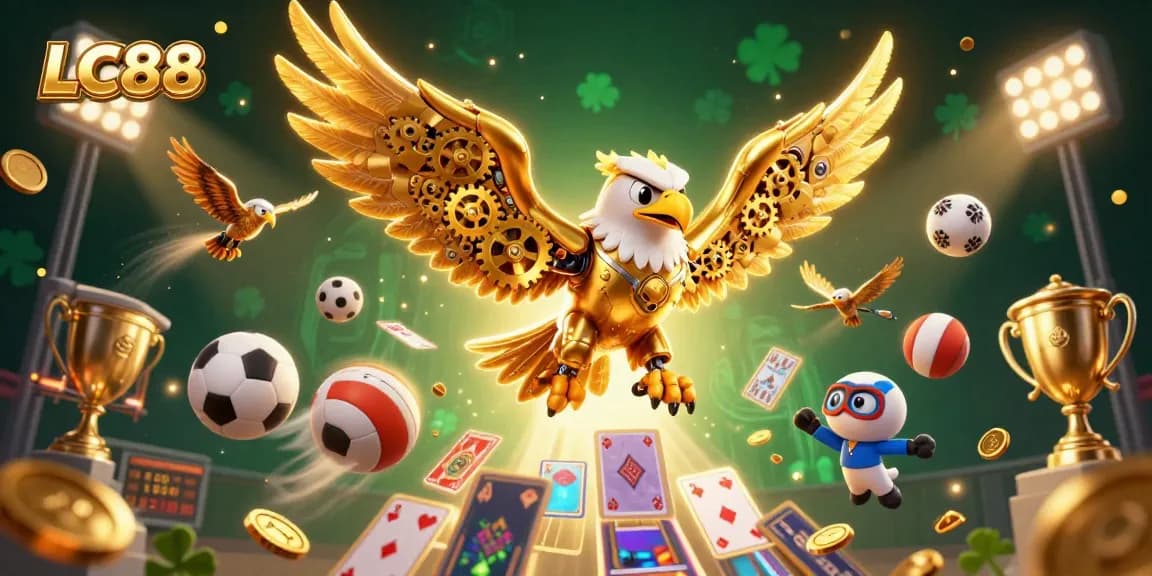 Engage with exciting gaming opportunities at LC88 with vibrant casino elements surrounding dynamic characters.