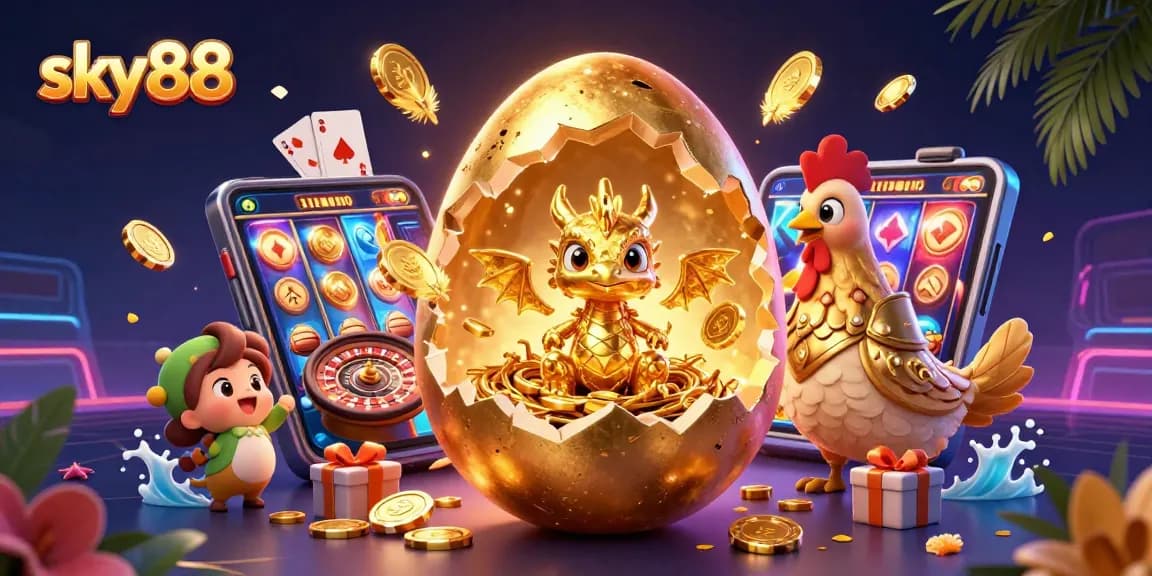 Engage with sky88's thrilling gaming atmosphere featuring a golden dragon and poker elements.