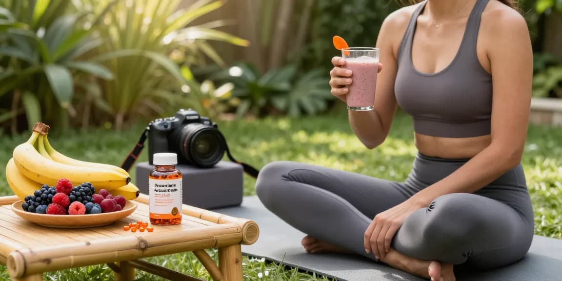 Healthy lifestyle moment with premium astaxanthin smoothie, supplements, and vibrant fruits in serene outdoor setting.