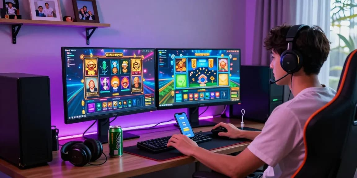 Gamer engaged in online slot game with deposit pulsa tanpa potongan, showcasing modern gaming setup and vibrant atmosphere.