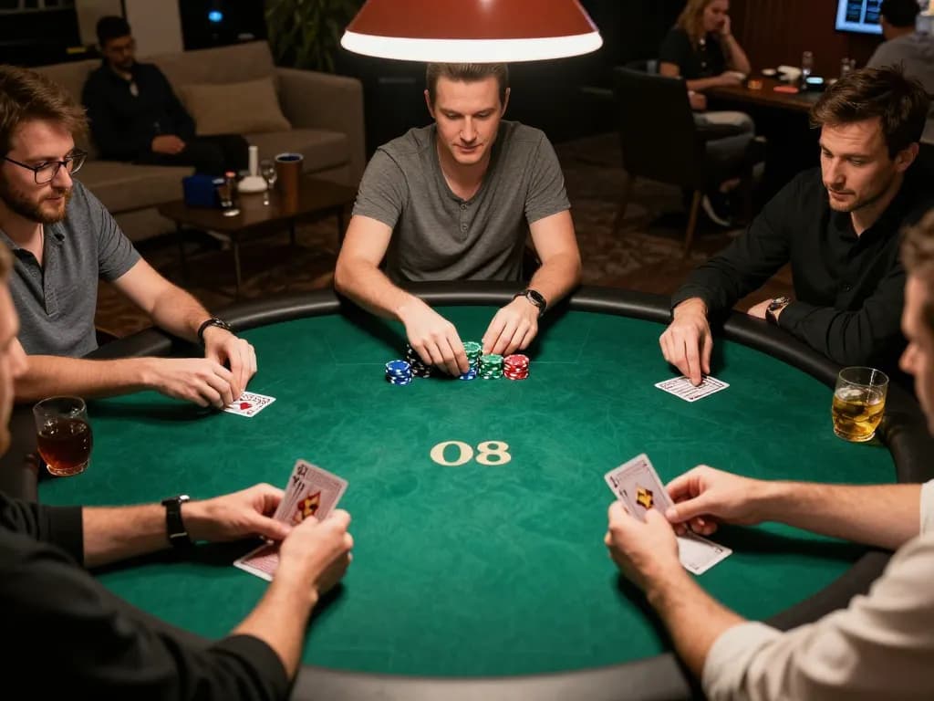 O8 players engaging in a thrilling poker game night with chips and cards visible