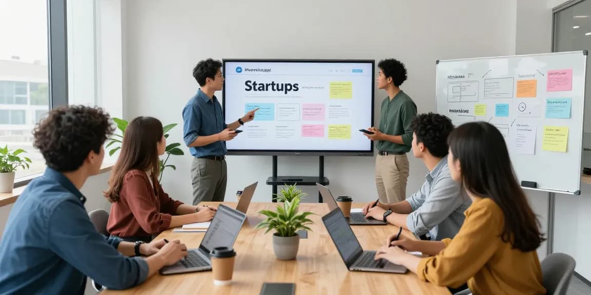 Promote your servises startups in a collaborative workspace, entrepreneurs discussing marketing strategies.