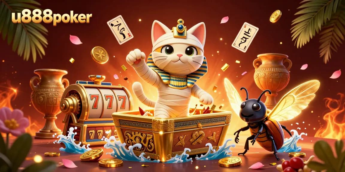 Enjoy thrilling action with u888poker as the mummy cat bursts from its sarcophagus in a vibrant casino.
