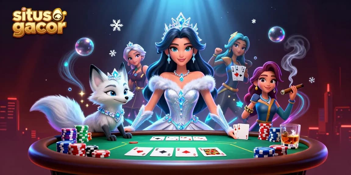 Engage with situs gacor through an immersive casino scene showcasing poker excitement and elegance.