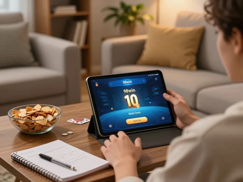 Engaging gaming experience on the 98win 10 app while enjoying snacks in a cozy home.